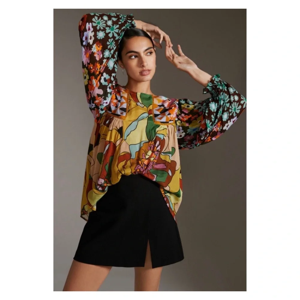 NWT Anthropologie BL_NK LONDON Miranda Peasant Blouse  Size XSmall